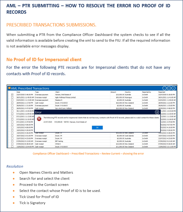 AML - PTR Submitting - No Proof of ID Error